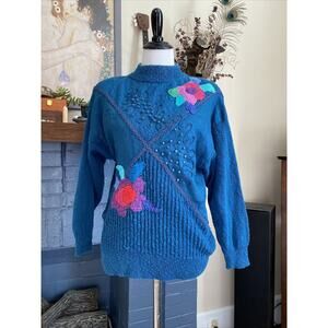 Vintage 20 ANS Mariea Kim M Knit Sweater 80s French Blue LINEN Beads Mixed Media